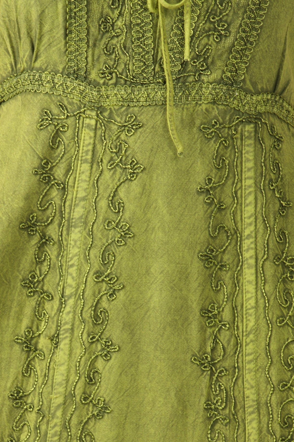 Sakkas Stonewashed Empire Waist Floral Vine Trumpet Crepe Inlay Ruffle Hem Dress