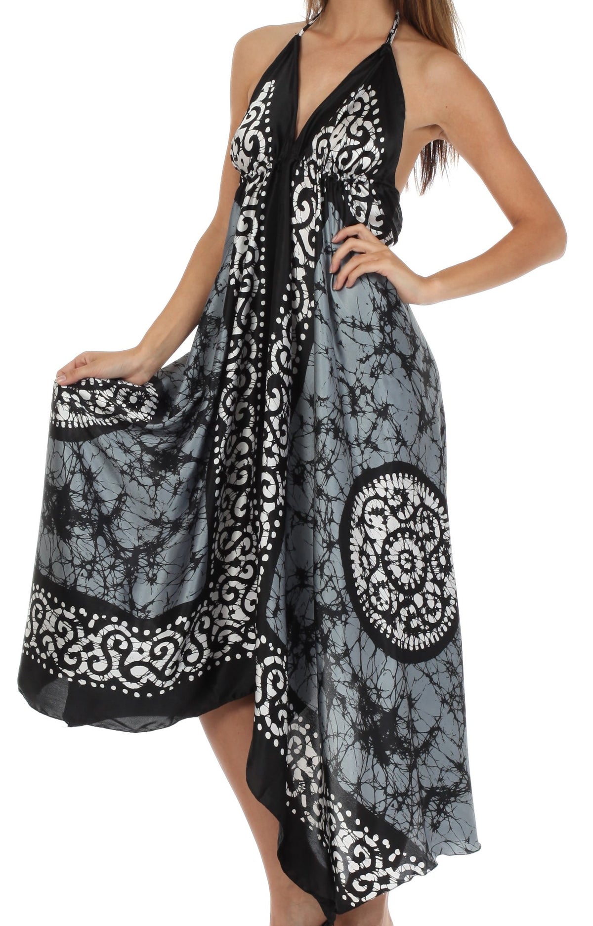 Sakkas Silky V-Neck Halter Handkerchief Hem Maxi Dress