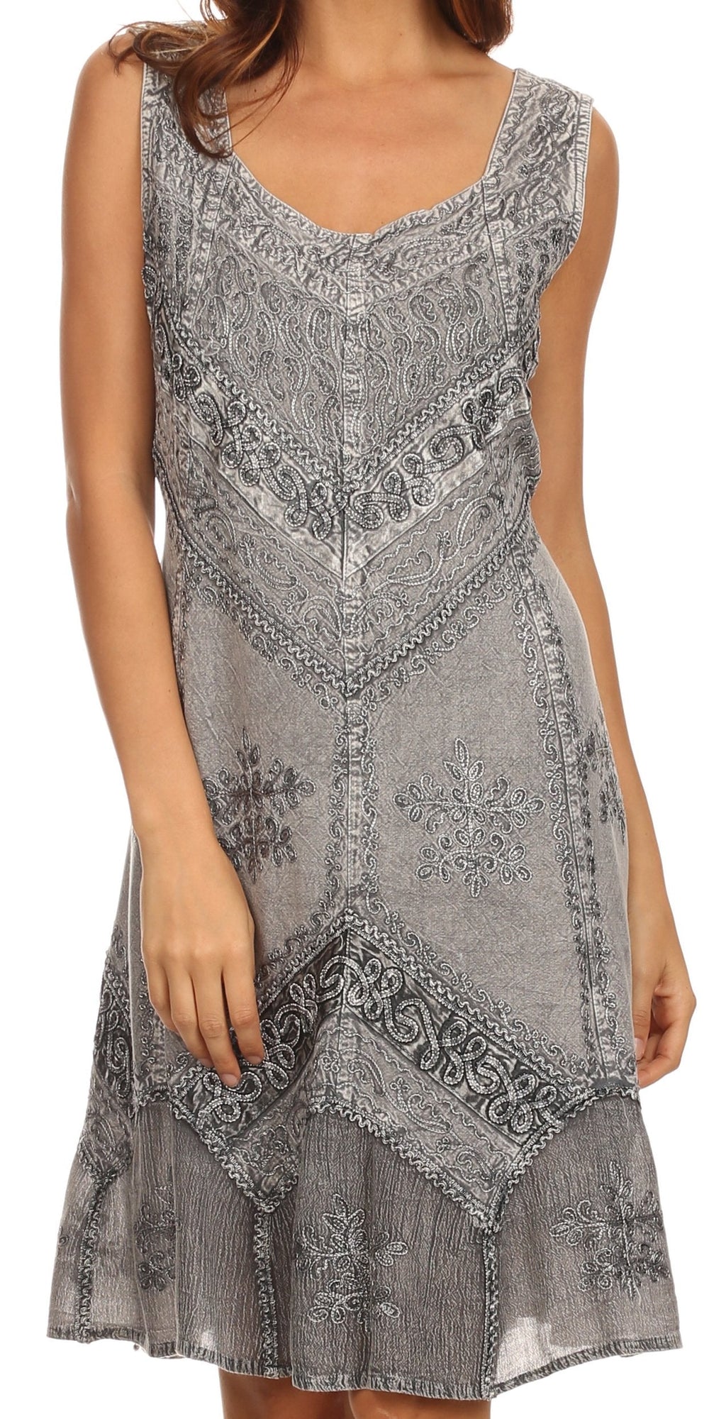 Sakkas Sudha Stonewash Embroidery Mid Length Adjustable dress