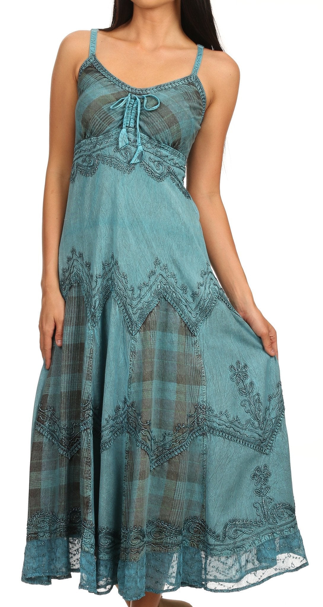 Sakkas Iris Plaid Stonewashed Rayon Embroidered Adjustable Spaghetti Straps Dress