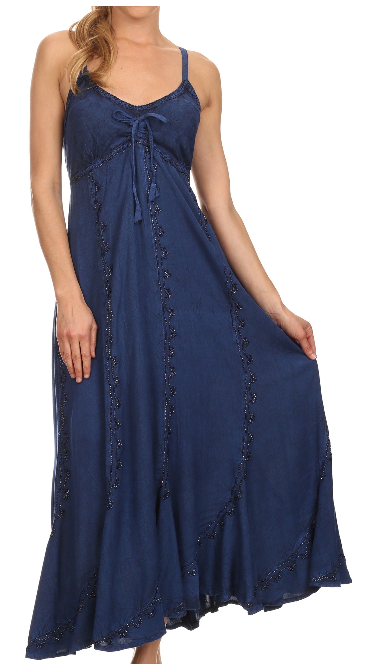 Sakkas Allie Stonewashed Embroidered Adjustable Spaghetti Straps Long Dress