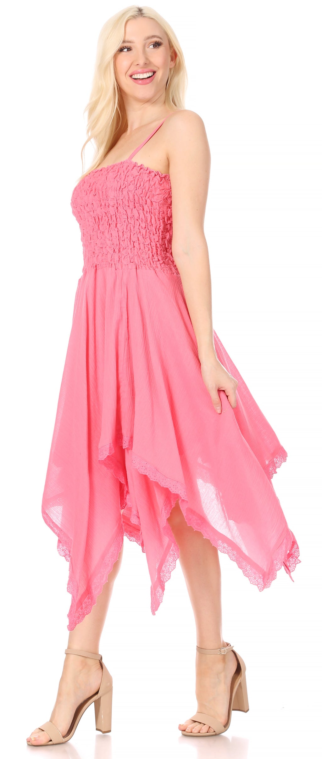 Sakkas Ella Smocked Bodice Spaghetti Strap Double Layered Dress