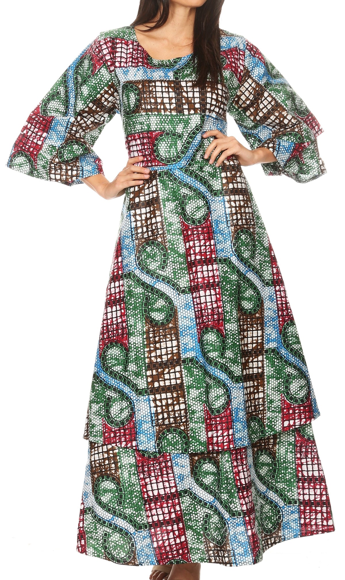Sakkas Akela Women's Gypsy Peasant Boho Smocked Dress in African Ankara Print