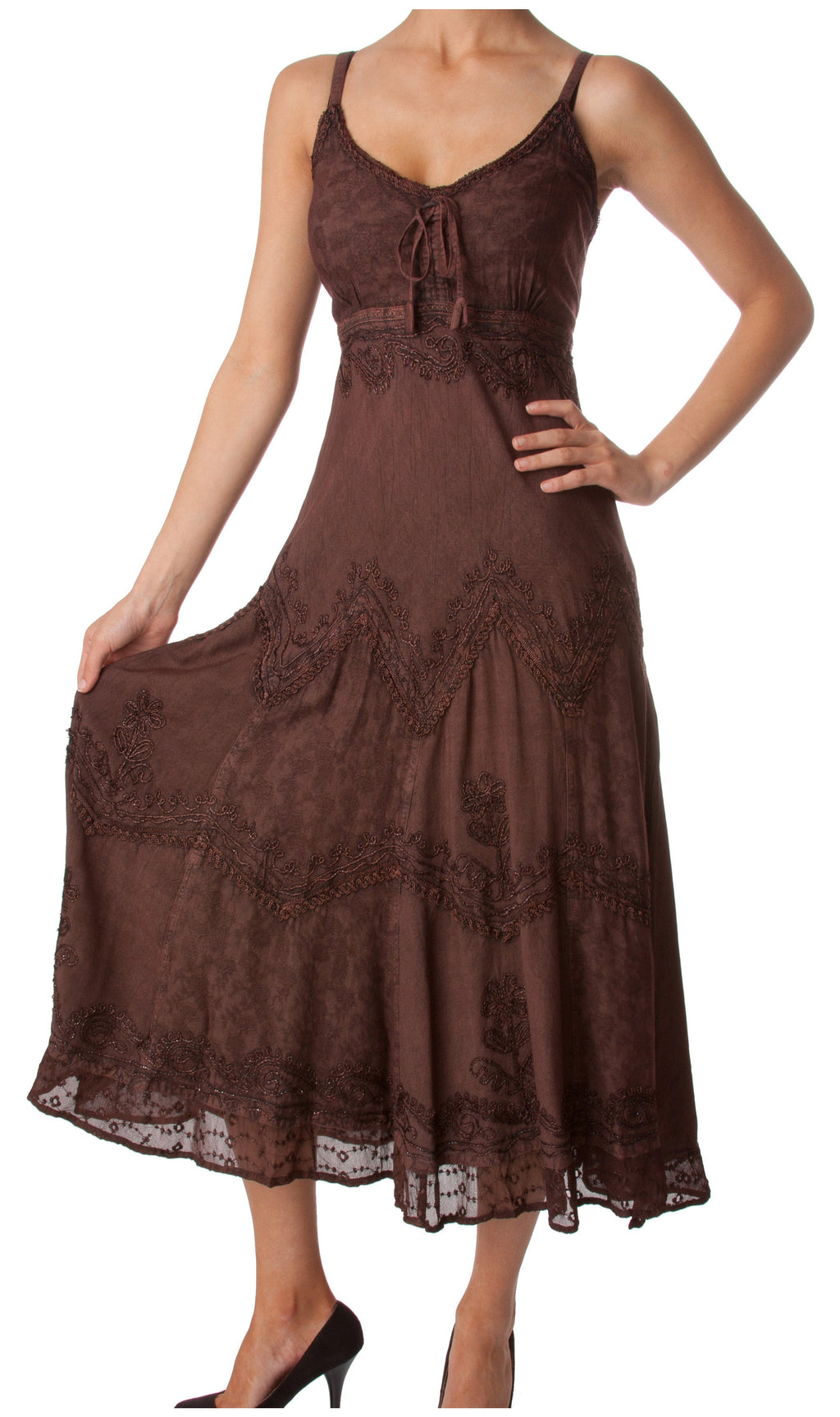 Sakkas Stonewashed Rayon Embroidered Adjustable Spaghetti Straps Long Dress