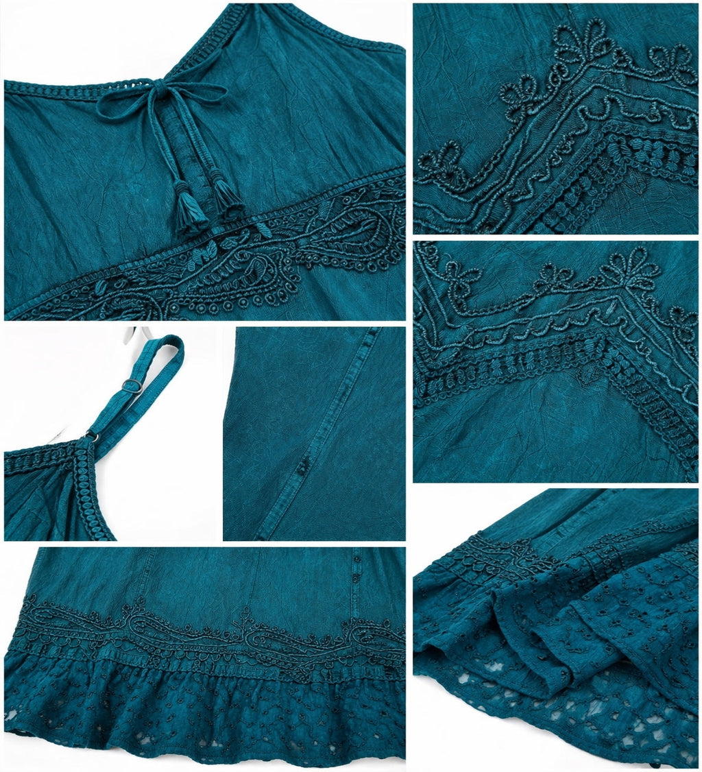 Sakkas Stonewashed Rayon Embroidered Adjustable Spaghetti Straps Long Dress