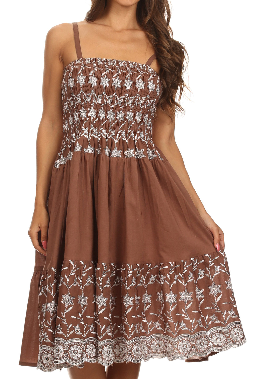 Sakkas Sequin Embroidered Smocked Bodice Knee Length Dress