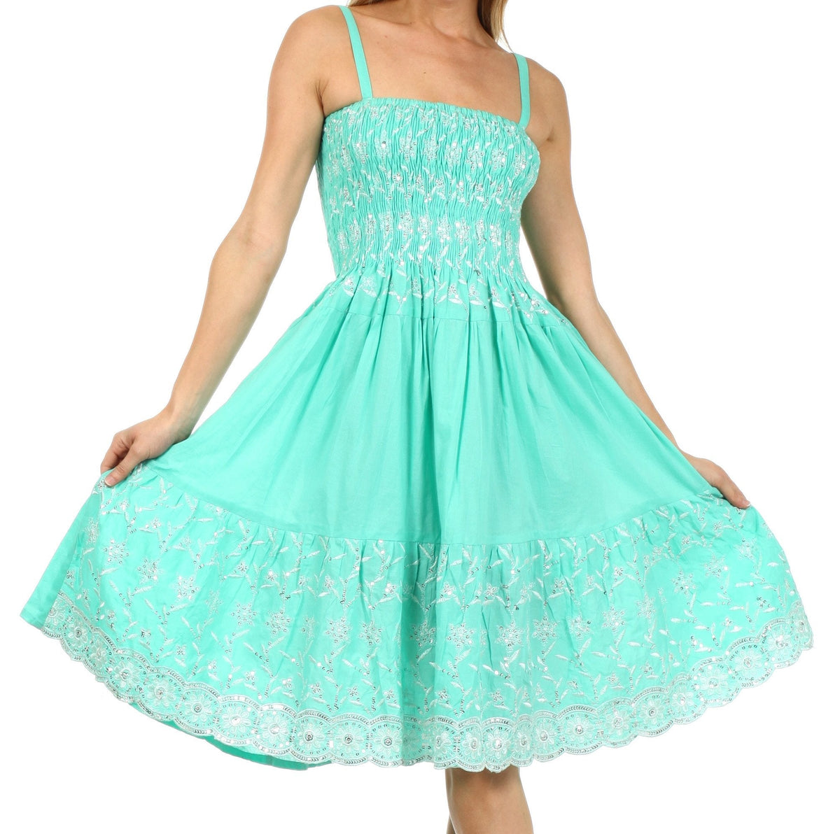 Sakkas Sequin Embroidered Smocked Bodice Knee Length Dress