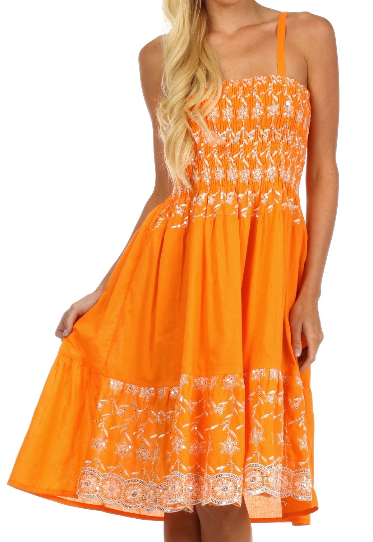 Sakkas Sequin Embroidered Smocked Bodice Knee Length Dress
