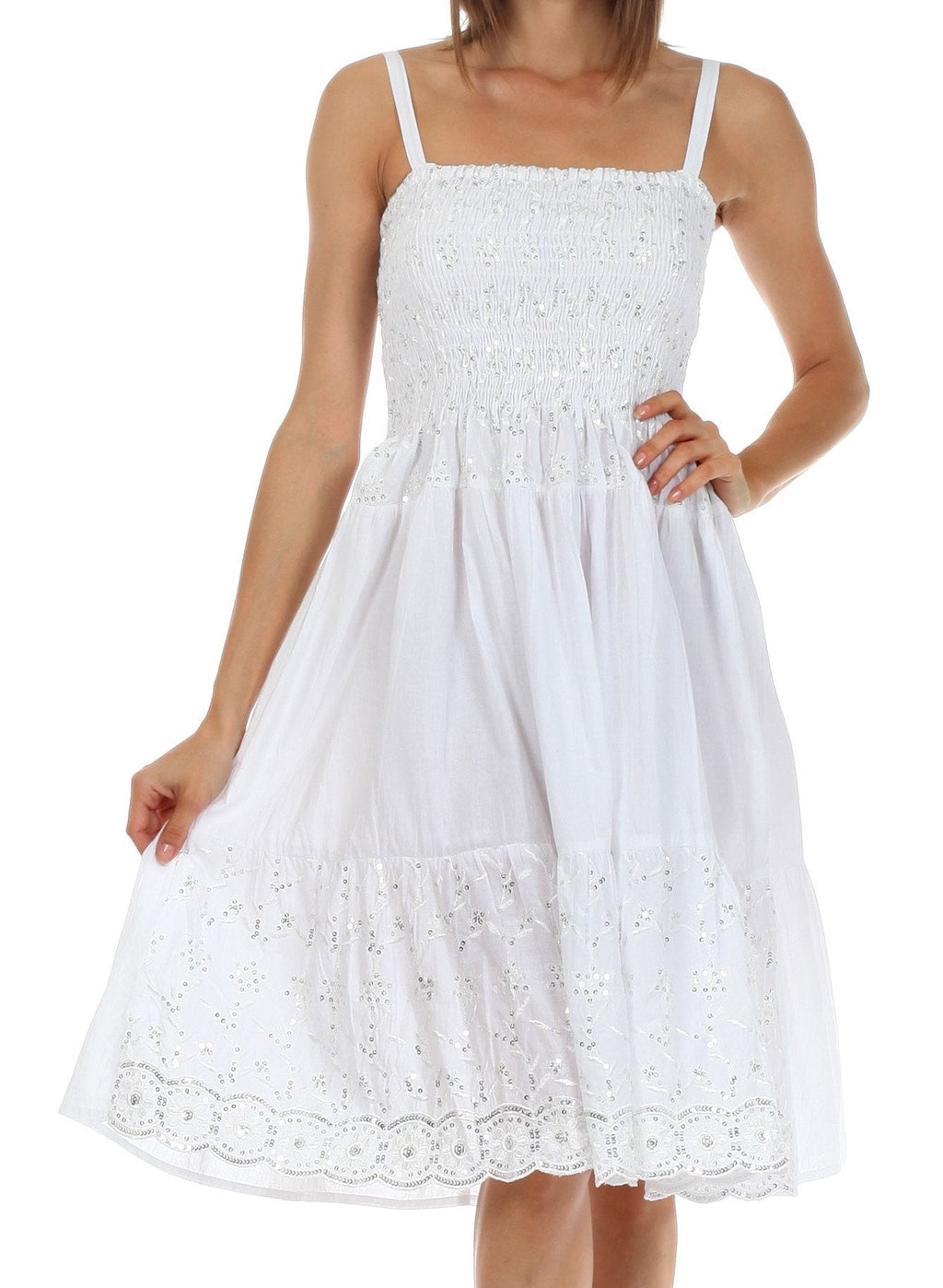 Sakkas Sequin Embroidered Smocked Bodice Knee Length Dress