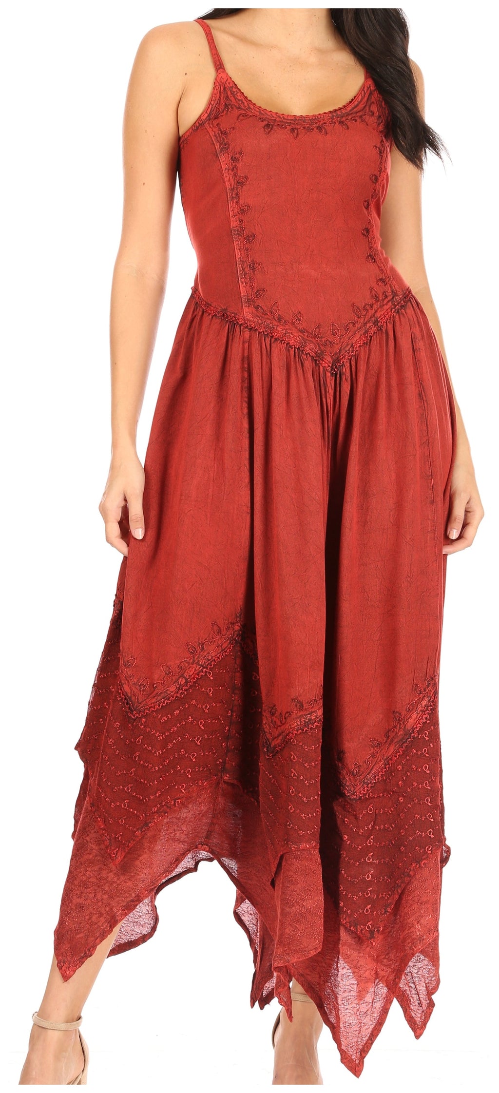 Sakkas Rayon Embroidered Stonewashed Adjustable Spaghetti Straps Long Dress