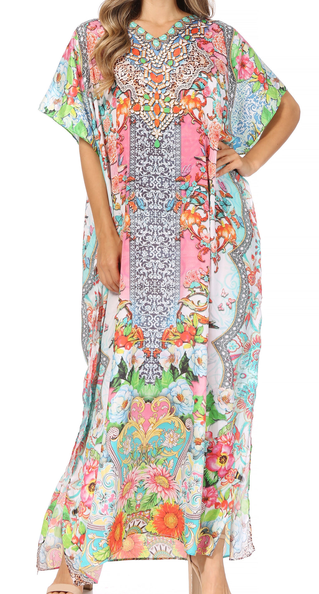 Sakkas Vicky Women's Casual Long Print Short Sleeve Petite Beach Maxi Caftan Dress - Buy One Get One Free