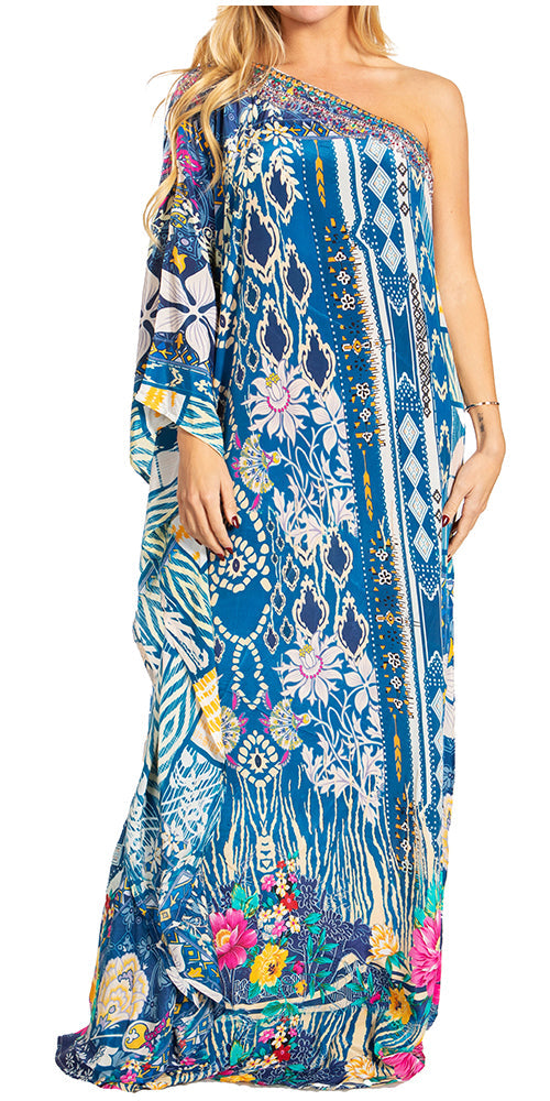 Sakkas Dora Women's One Shoulder Short Sleeve Casual Elegant Maxi Dress with Print