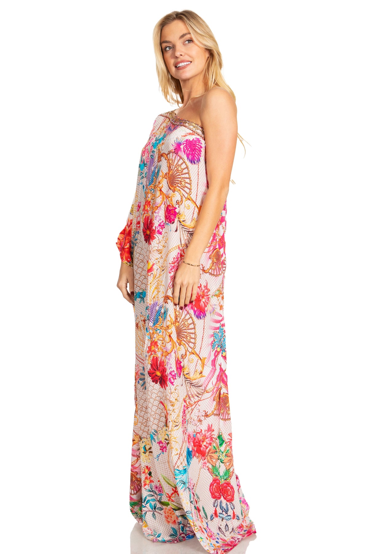 Sakkas Dora Women's One Shoulder Short Sleeve Casual Elegant Maxi Dress with Print