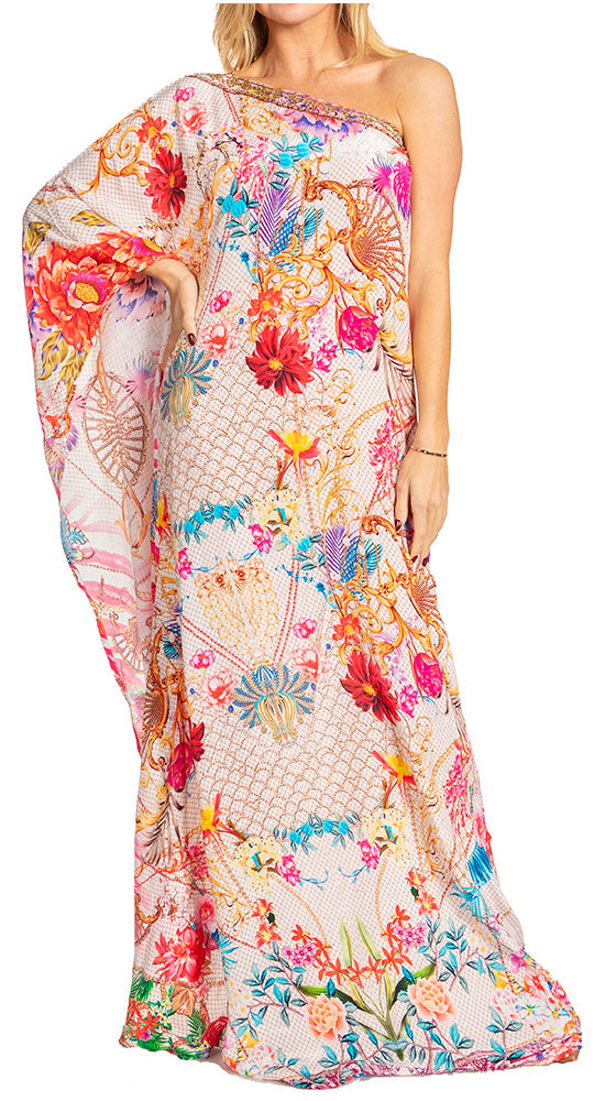 Sakkas Dora Women's One Shoulder Short Sleeve Casual Elegant Maxi Dress with Print