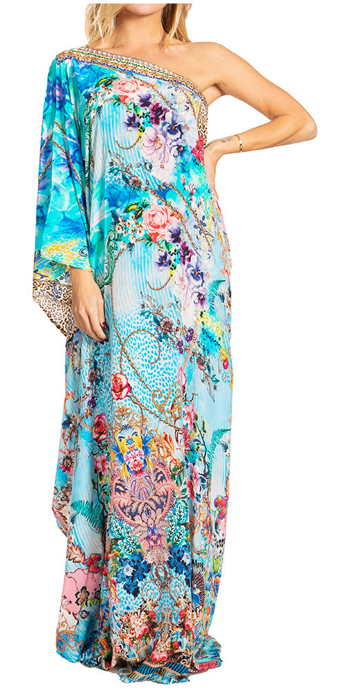 Sakkas Dora Women's One Shoulder Short Sleeve Casual Elegant Maxi Dress with Print