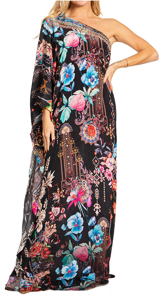 Sakkas Dora Women's One Shoulder Short Sleeve Casual Elegant Maxi Dress with Print