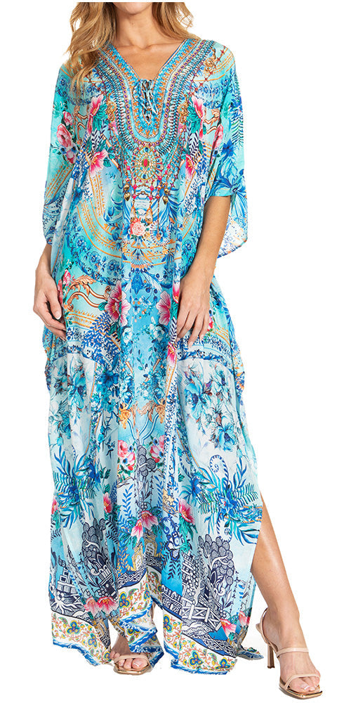 Sakkas Georgettina 2025 Flowy Rhinestone V Neck Long Caftan Dress / Cover Up