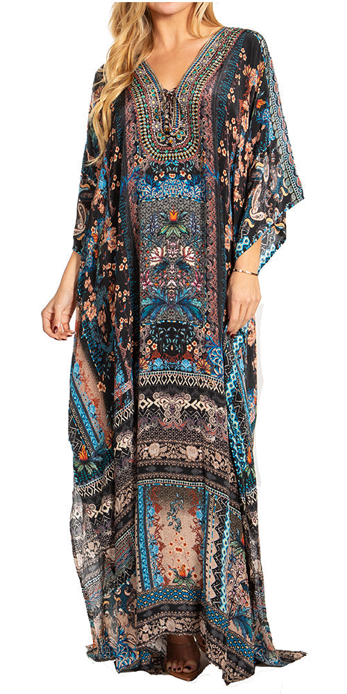 Sakkas Georgettina 2025 Flowy Rhinestone V Neck Long Caftan Dress / Cover Up