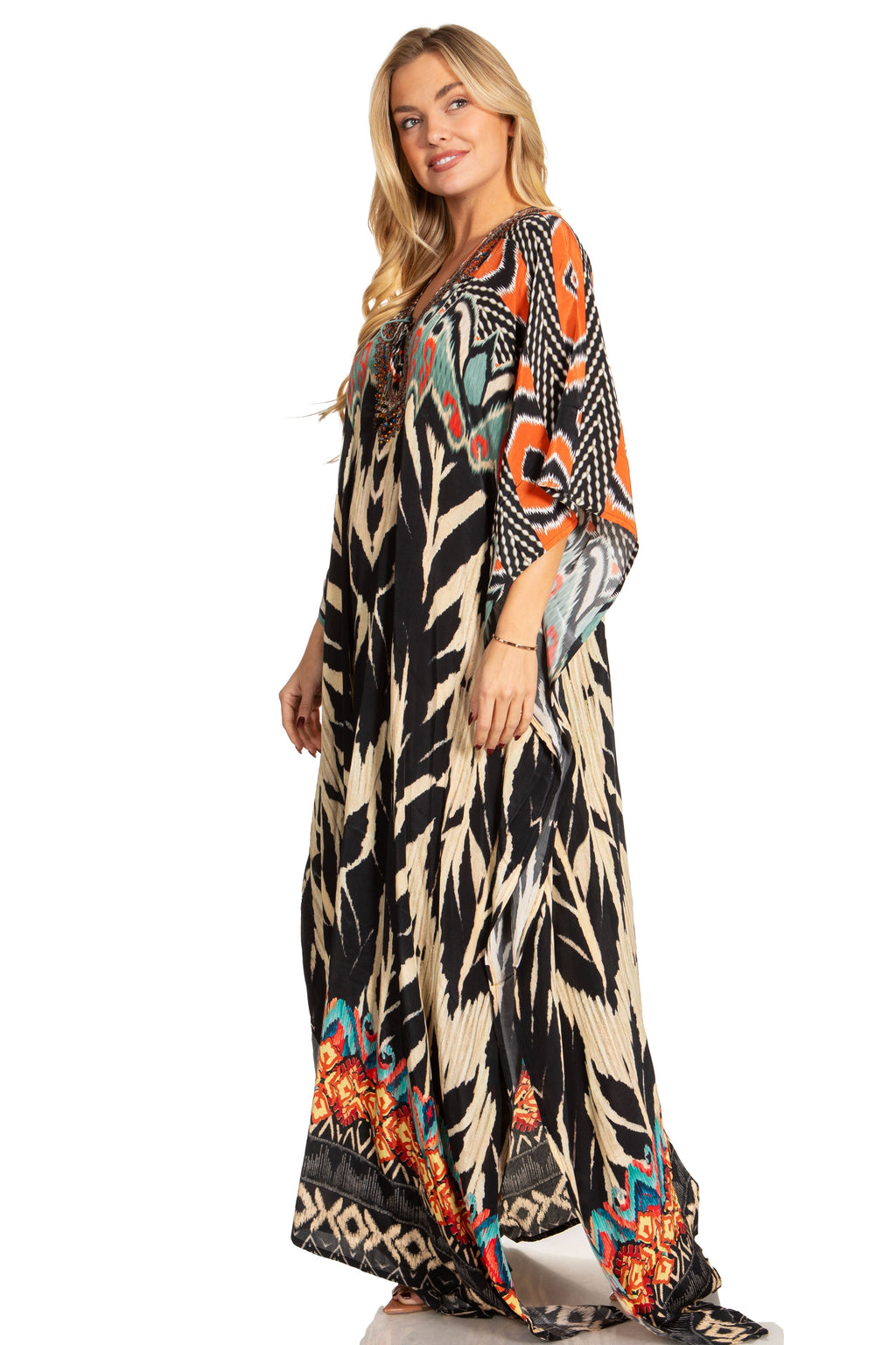 Sakkas Georgettina 2025 Flowy Rhinestone V Neck Long Caftan Dress / Cover Up