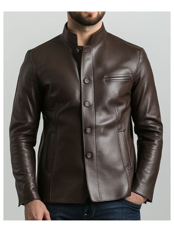Edward Men's Brown Leather Jacket with Multiple Pockets