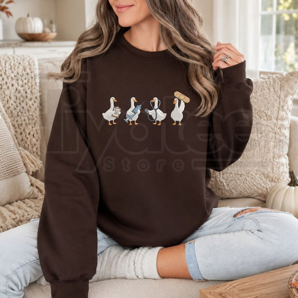 Embroidered Medical Duck Sweatshirt – Cute Nurse Duck Crewneck, Funny Healthcare Worker & Nursing Student Gift