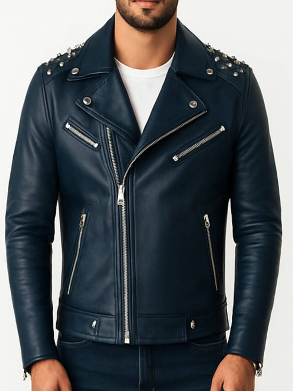 Men's Blue Aiden Leather Biker Jacket