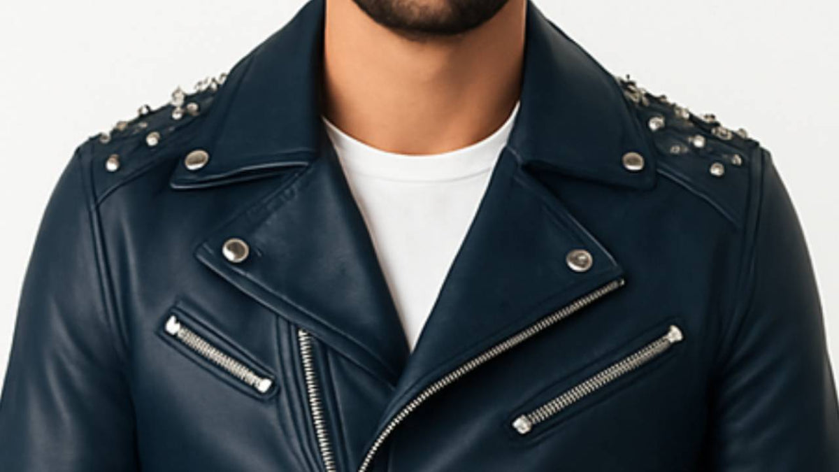 Men's Blue Aiden Leather Biker Jacket