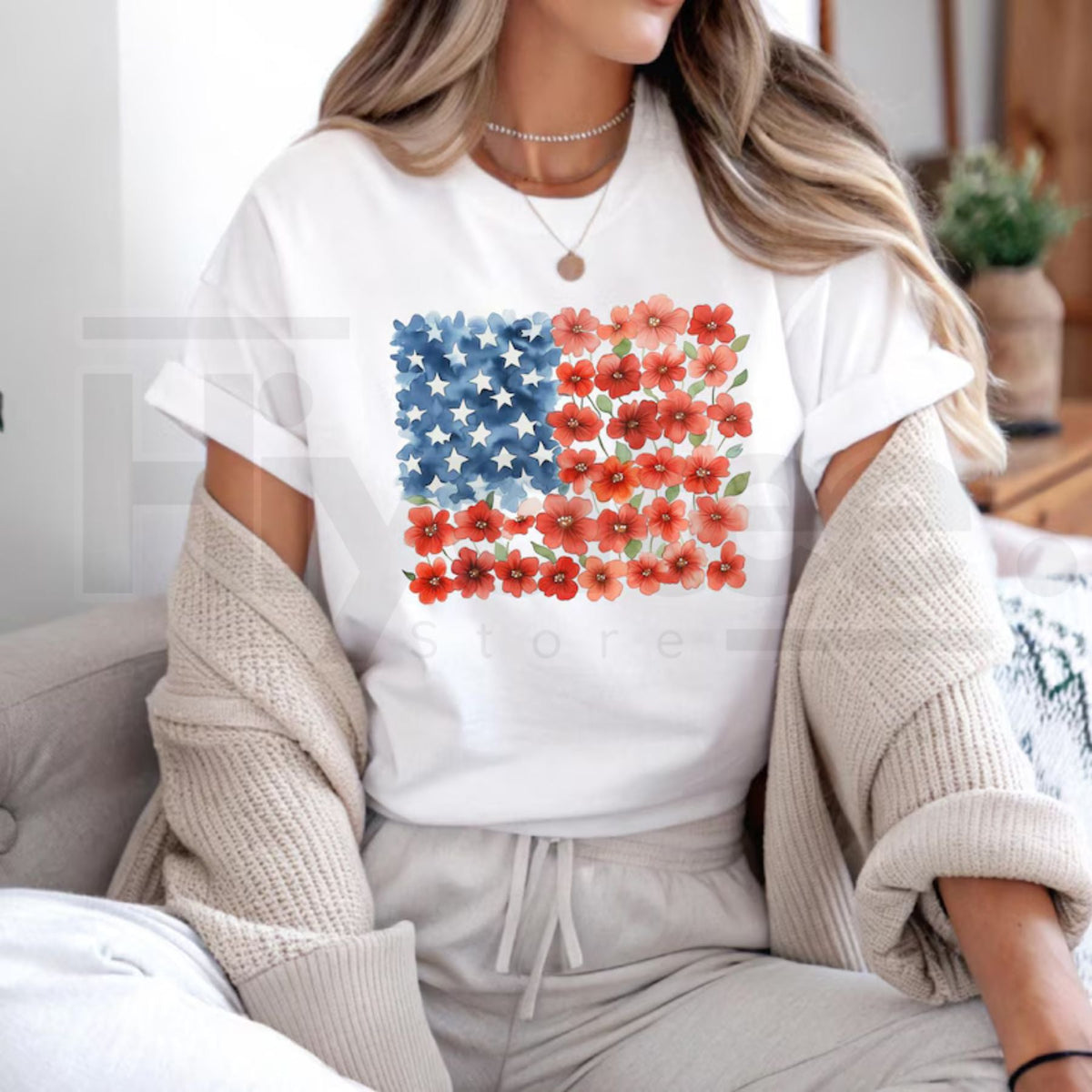 Floral American Flag T-Shirt – Patriotic Red Poppy 4th Of July Women's Tee