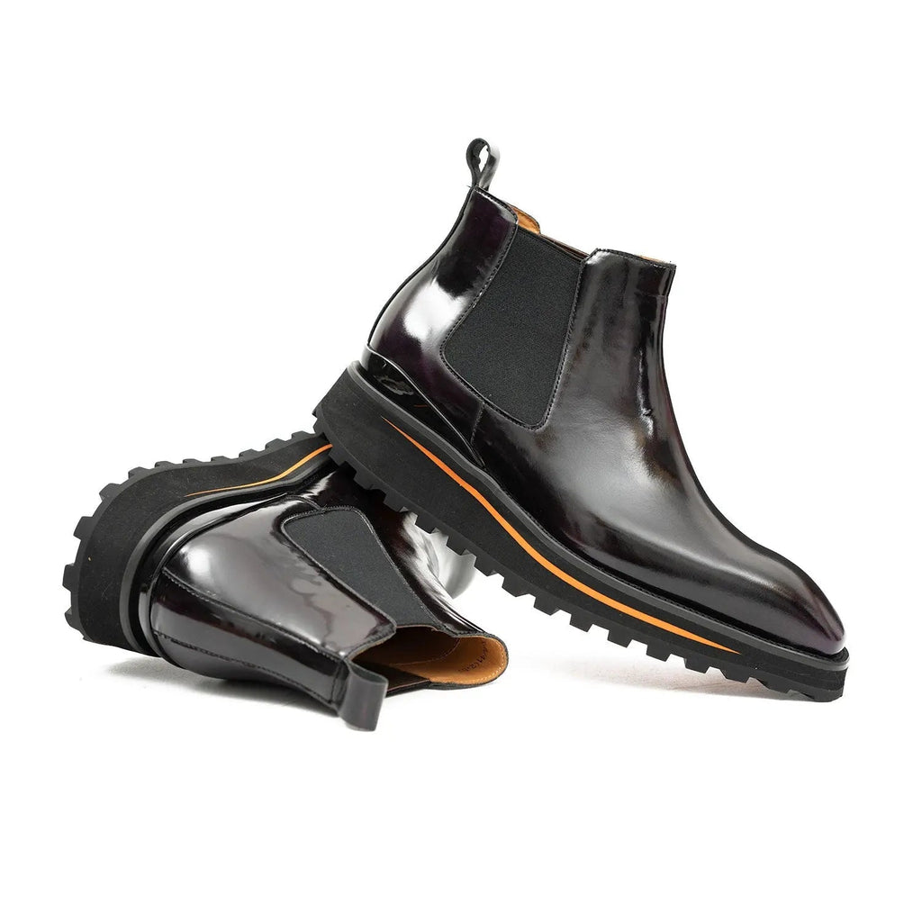 Burgundy-Black Plain-Toe Cow Leather Chelsea Boots
