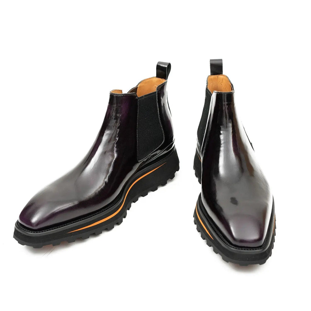Burgundy-Black Plain-Toe Cow Leather Chelsea Boots