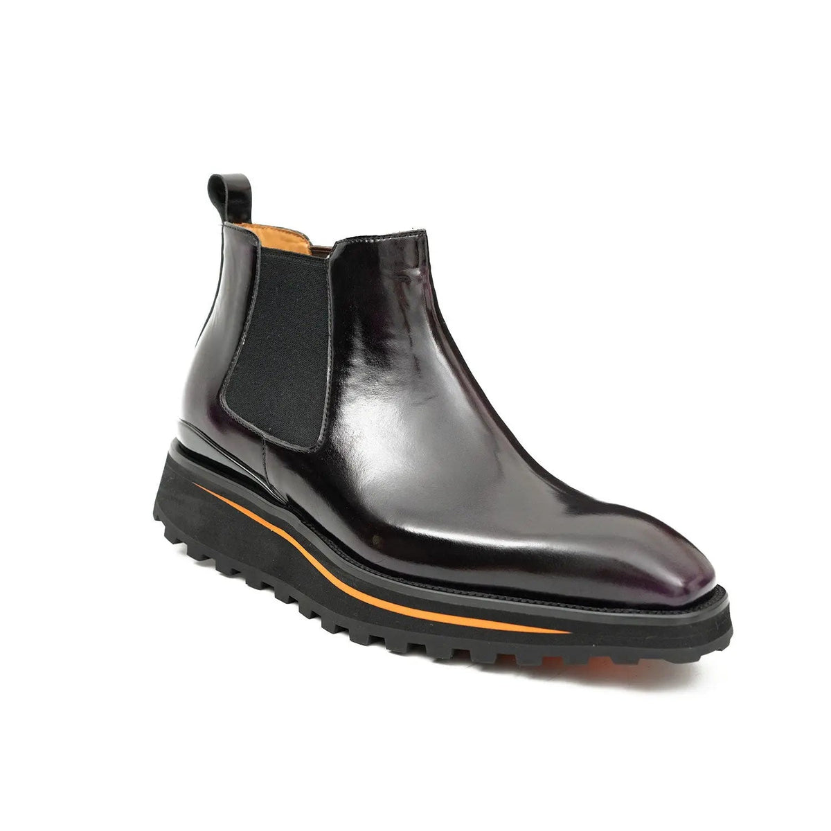 Burgundy-Black Plain-Toe Cow Leather Chelsea Boots
