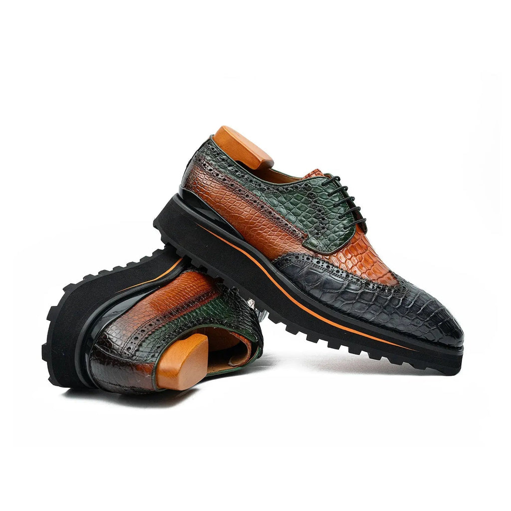 Multicolor Wingtip Crocodile Leather Derby Shoes