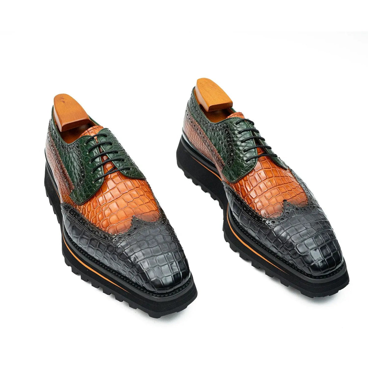 Multicolor Wingtip Crocodile Leather Derby Shoes