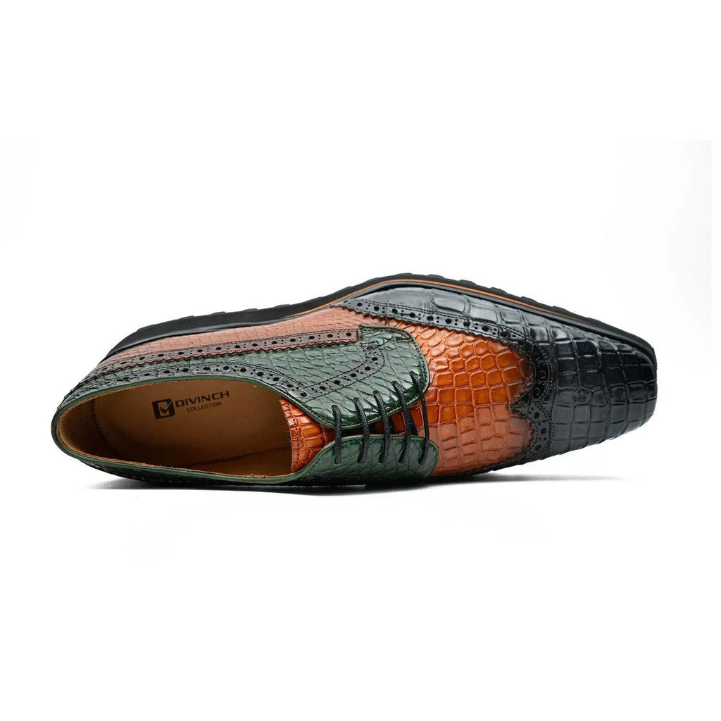 Multicolor Wingtip Crocodile Leather Derby Shoes