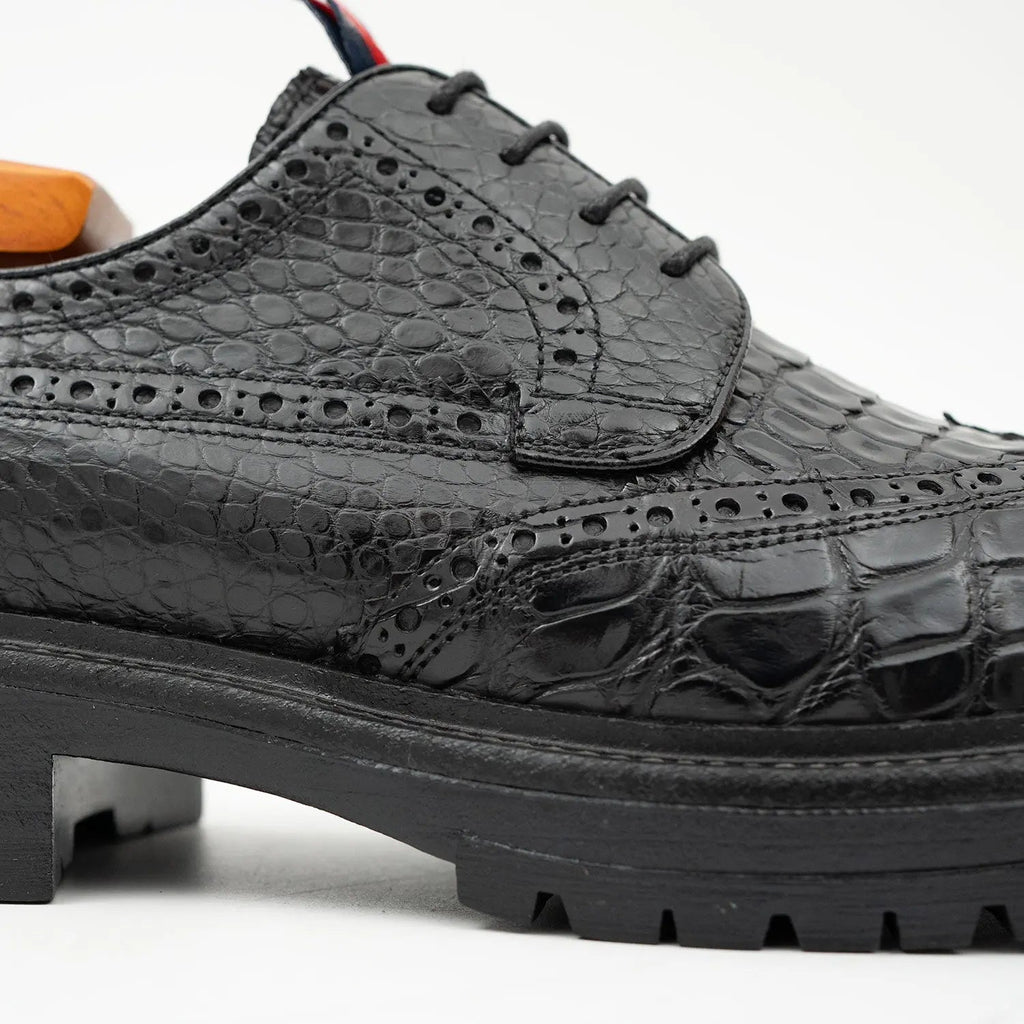 Black Wingtip Crocodile Leather Derby Shoes
