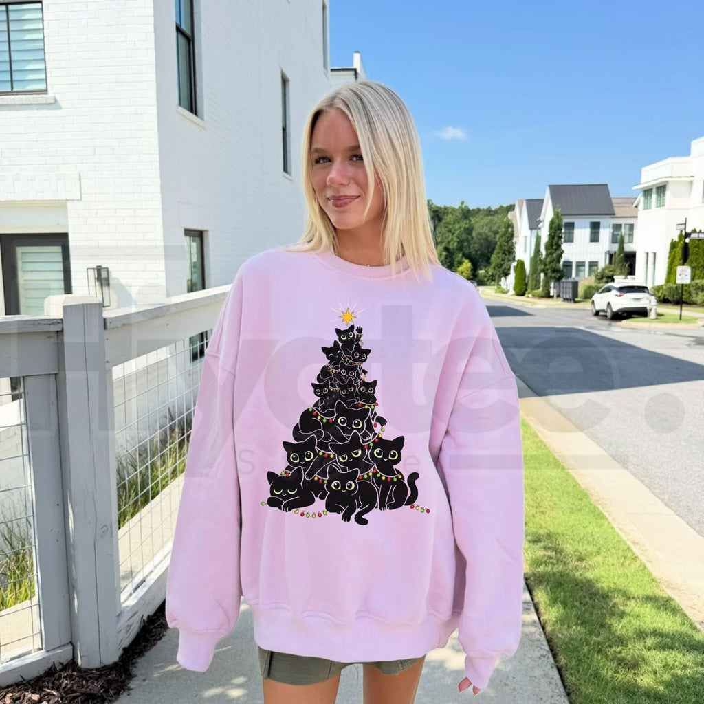 Geometric Black Cat Christmas Tree Sweatshirt, Chic Women's Holiday Graphic Pullover