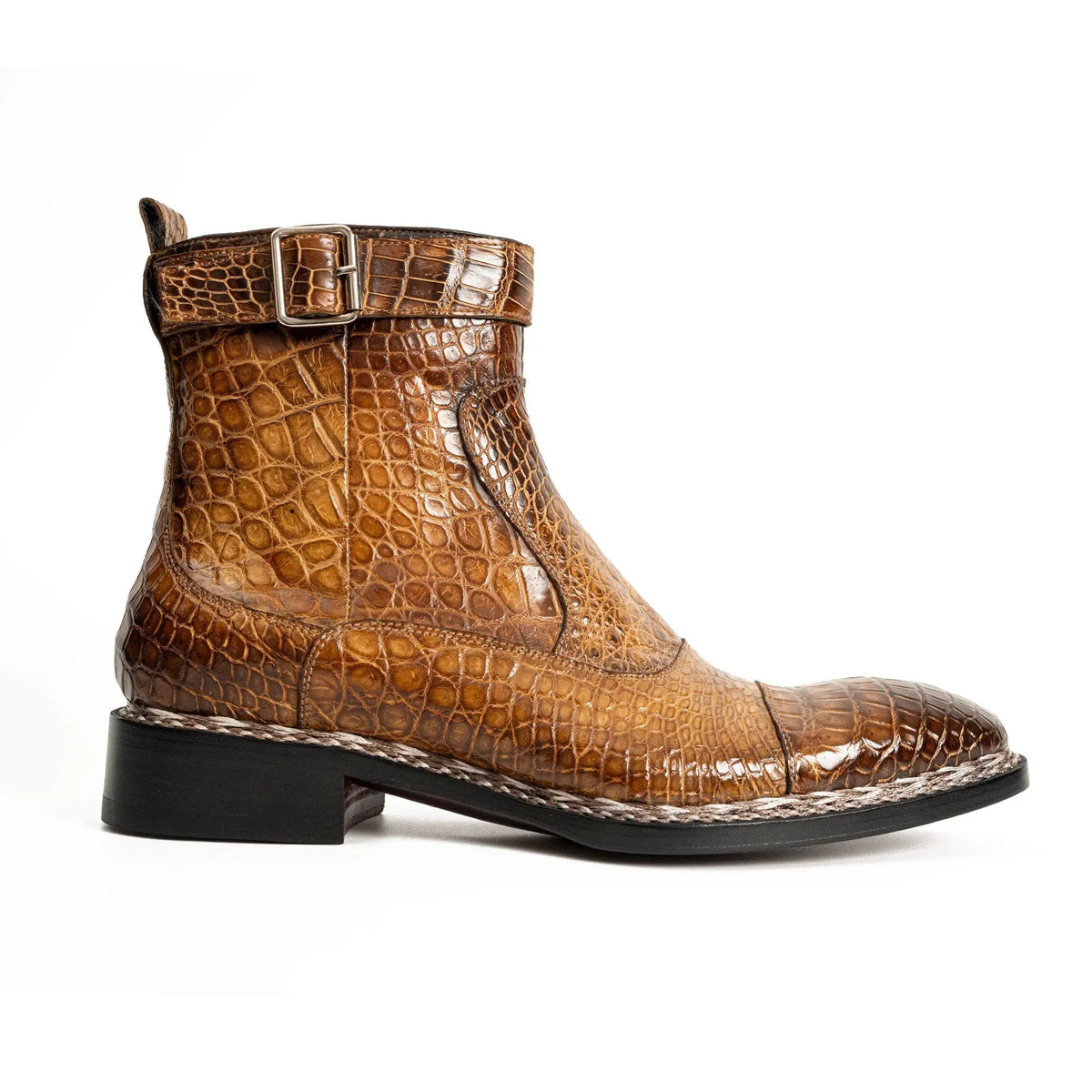 Brown Crocodile Leather Buckle Ankle Boots