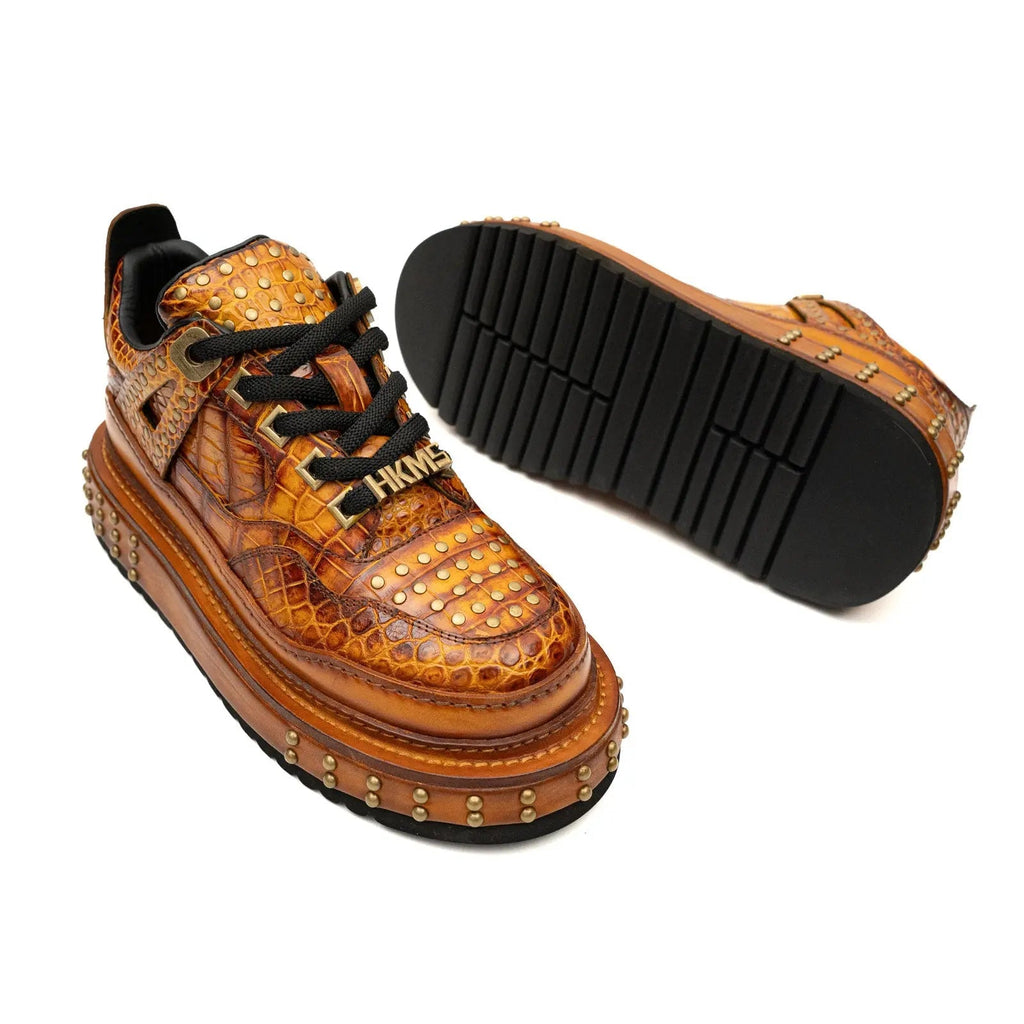 Orange Studded Crocodile Leather Sneakers