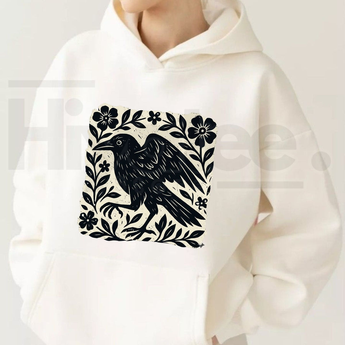 Gothic Raven Linocut Dark Academia Hoodie