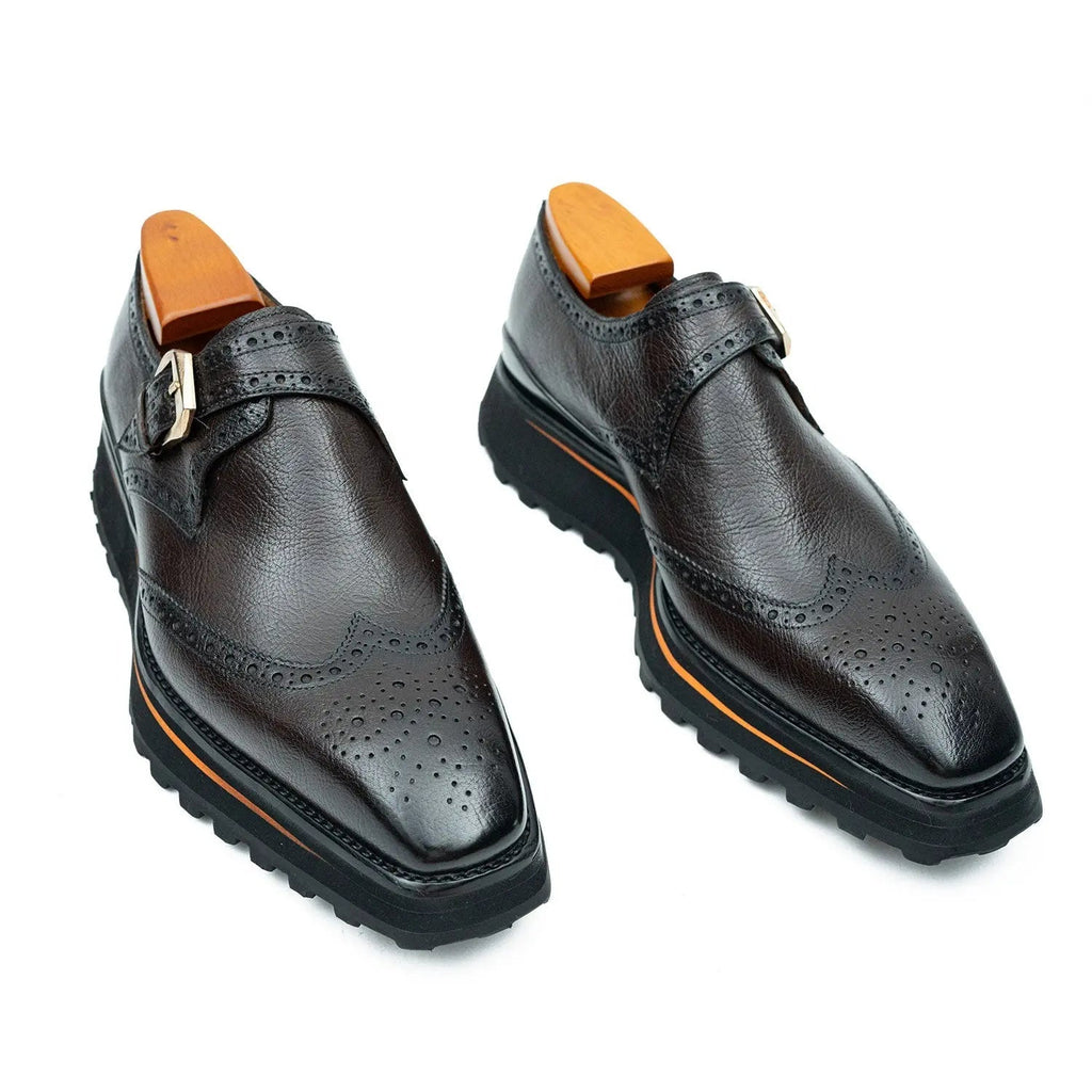 Dark Brown-Black Textured Wingtip Monk Shoe