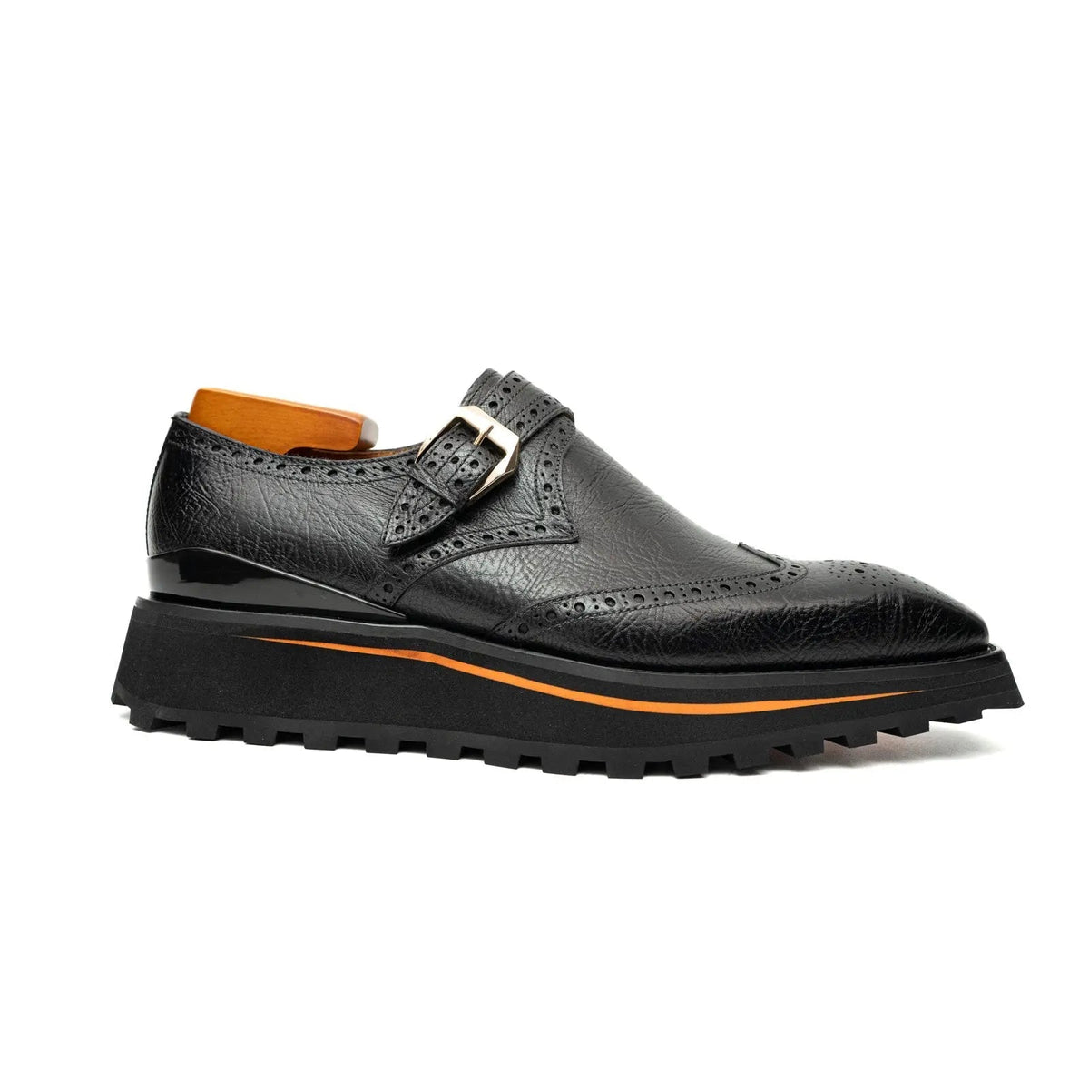 Black Wingtip Kangaroo Leather Monk Shoes