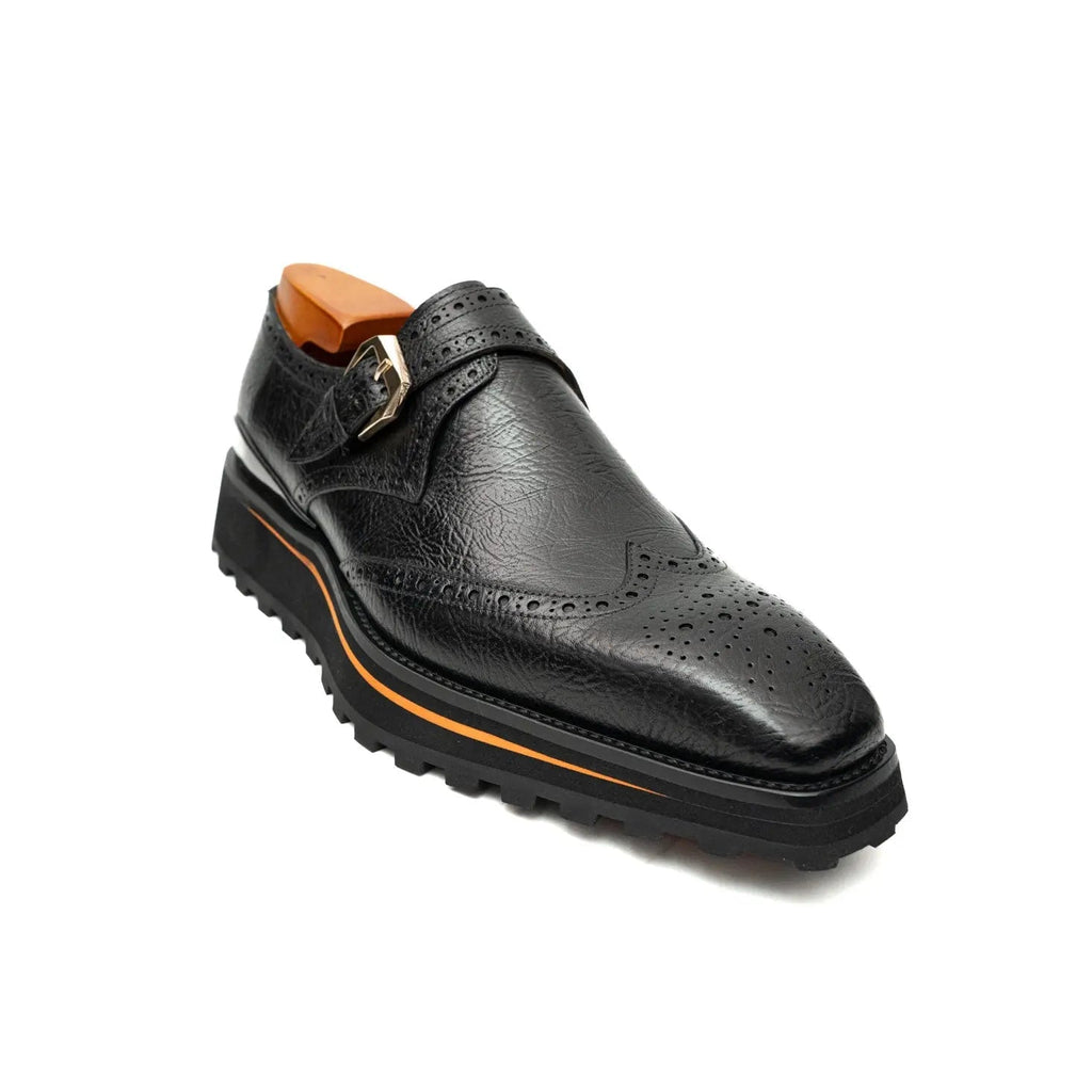Black Wingtip Kangaroo Leather Monk Shoes