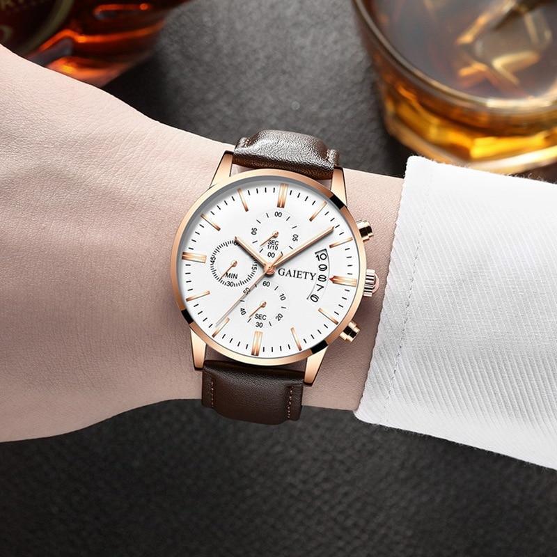 Watches men Fashion Sport Stainless Steel Case Leather Band watch Quartz Business Wristwatch For Men's and Boys