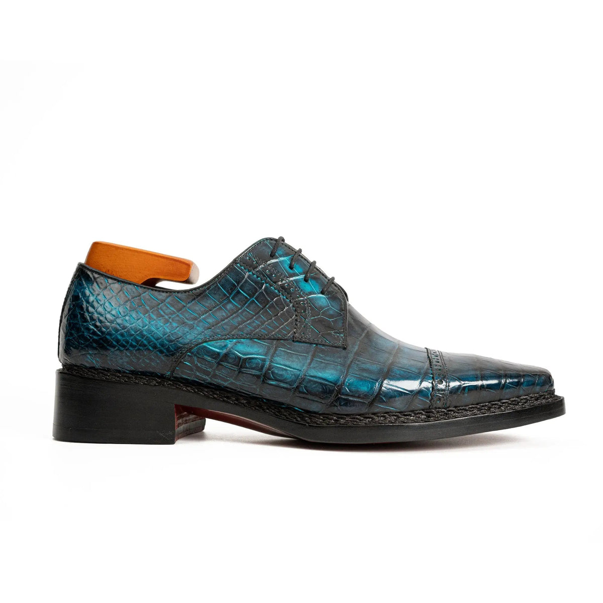 Teal Blue Cap-Toe Derby Shoes with Scale-Pattern Texture