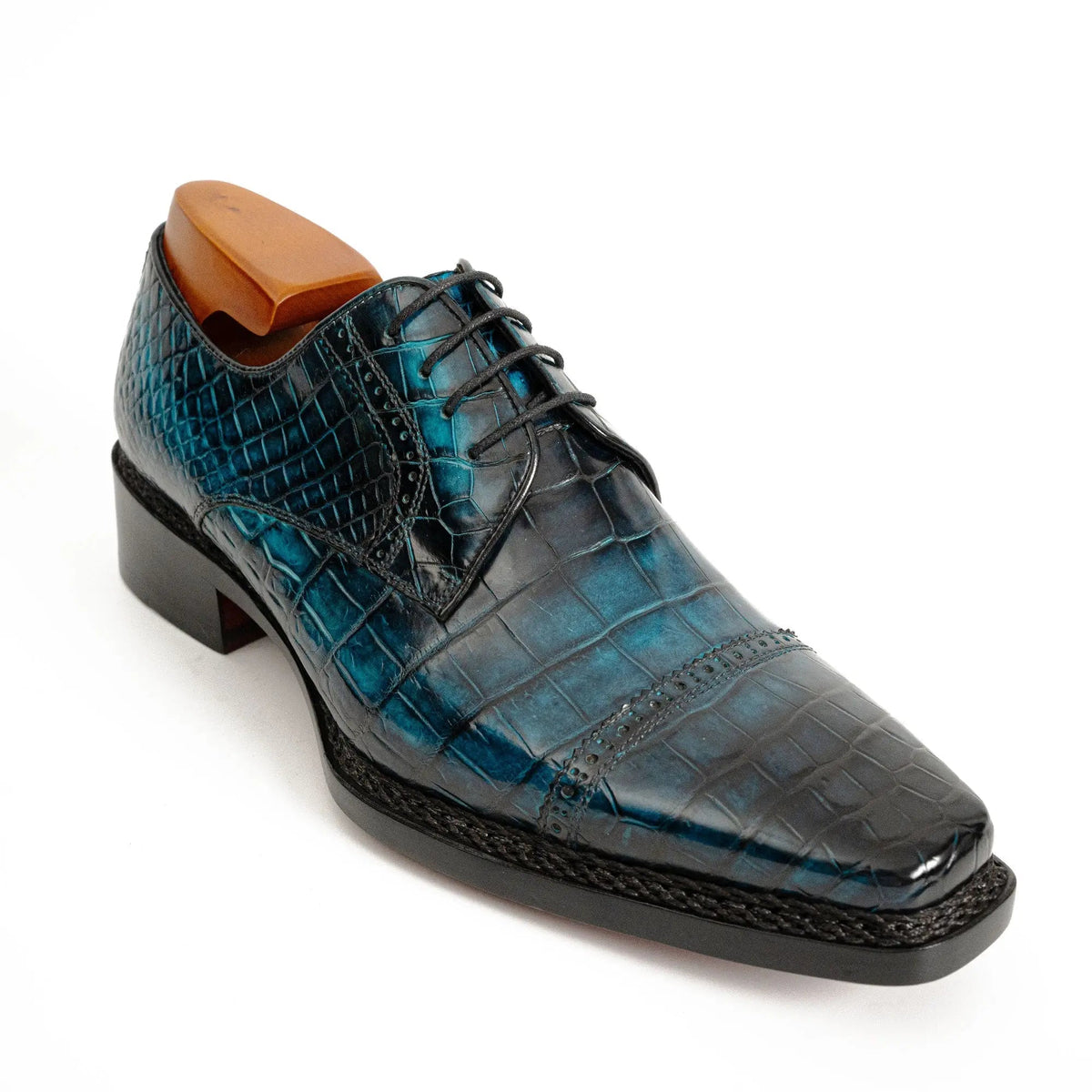 Teal Blue Cap-Toe Derby Shoes with Scale-Pattern Texture