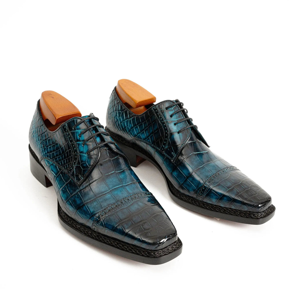 Teal Blue Cap-Toe Derby Shoes with Scale-Pattern Texture