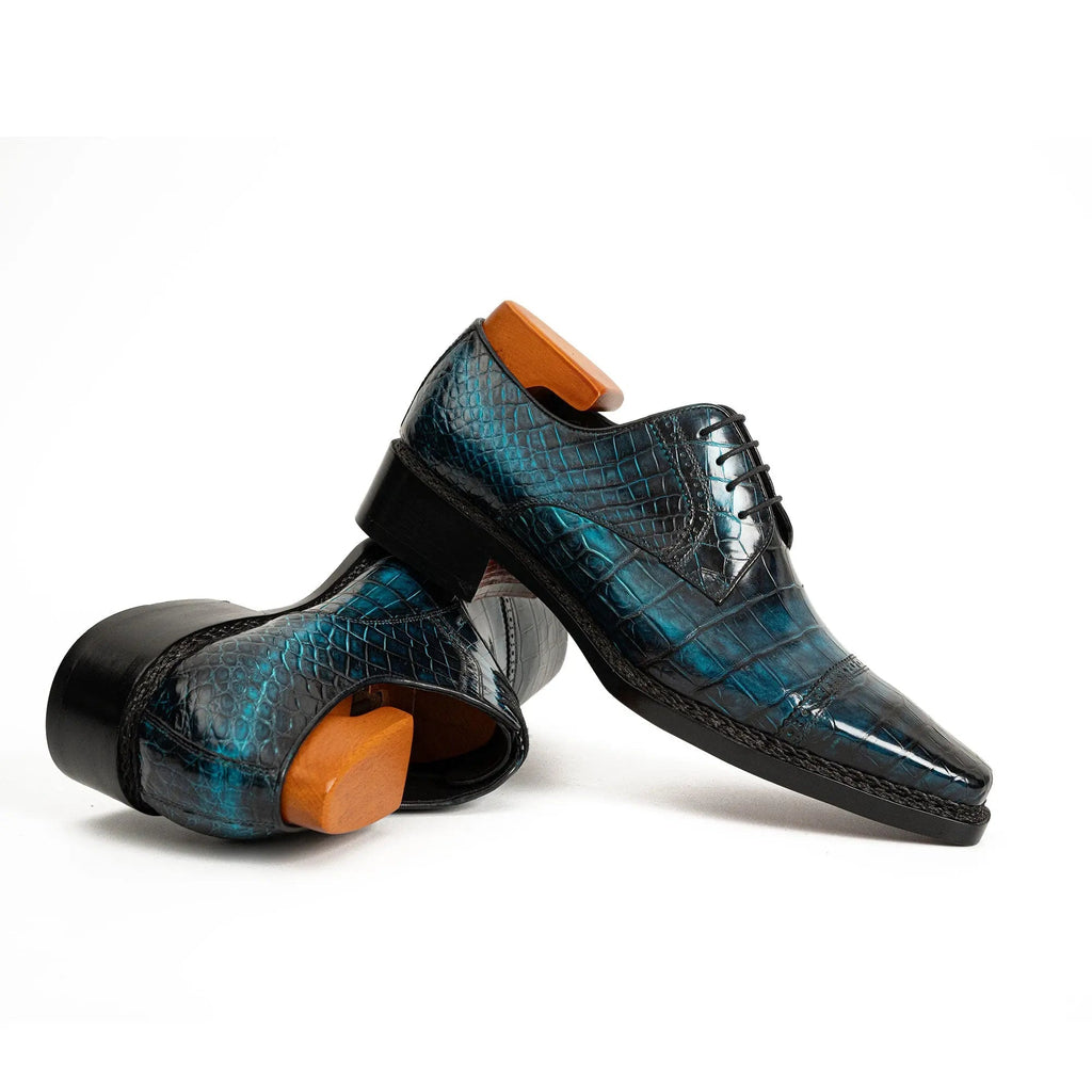 Teal Blue Cap-Toe Derby Shoes with Scale-Pattern Texture