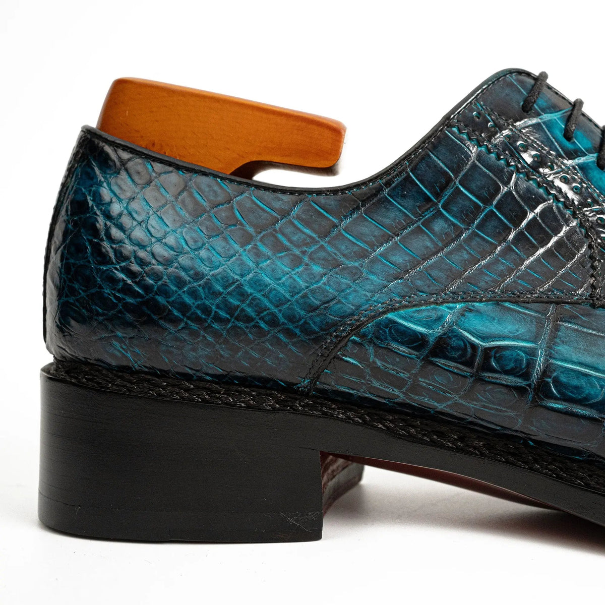 Teal Blue Cap-Toe Derby Shoes with Scale-Pattern Texture