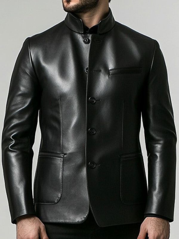 Harold Men's Black Leather Blazer with Erect Collar