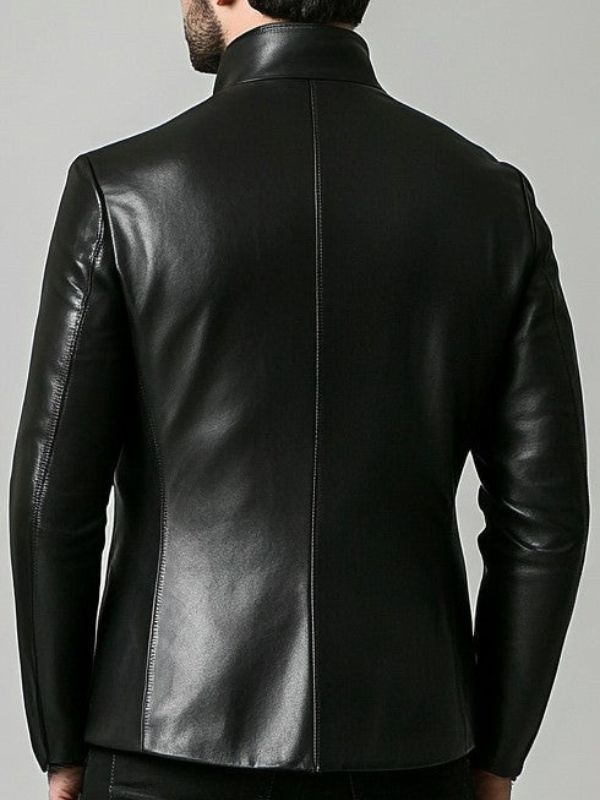 Harold Men's Black Leather Blazer with Erect Collar